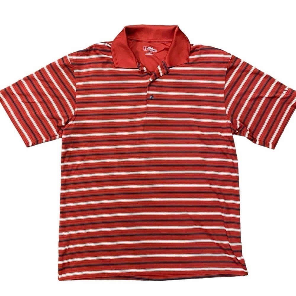 PGA Tour Red White Striped Golf Polo Short Sleeve Shirt Size Medium